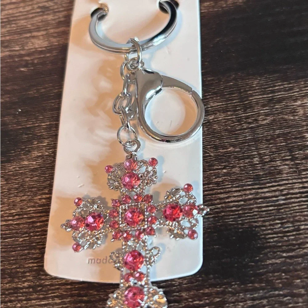 Pink Rhinestone Filigree Cross Keychain Silver Tone Bag Charm